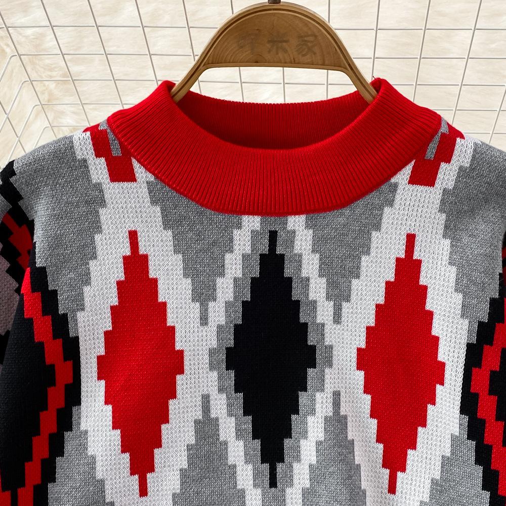 Conjunto de Moda para Mujer Otoño Invierno Suéter Holgado de Manga Larga a Cuadros Conjunto de Dos Piezas Pantalones de Punto Rectos de Pierna Ancha Adelgazantes de Cintura Alta