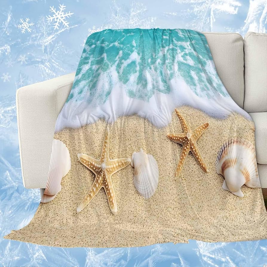 Beach Throw Blanket, Ocean Beach Theme Seashell Travel Blanket for Living Room Sofa Bed Office Soft Cozy Plush Flannel Blanket