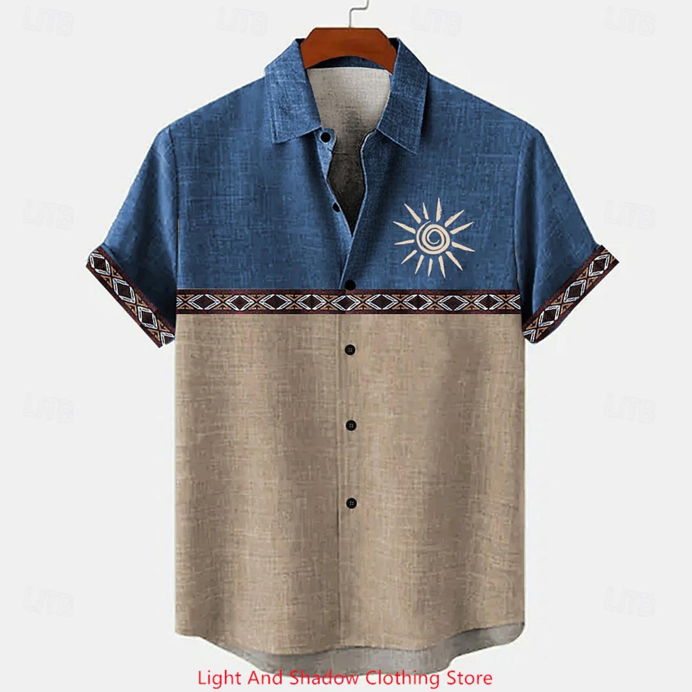 Men s retro linen shirt summer short sleeved patchwork pattern printed short sleeved top button up shirt ethnic clothing XS