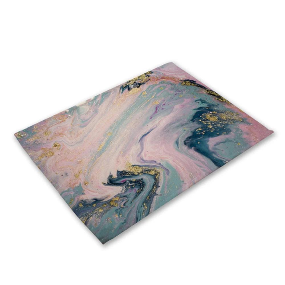 Green Rose Pink Marble Printing Linen Placemat for Dining Table Drink Coaster Home Decor Dining Mat Modern Kitchen Cup Pads