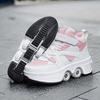 Double Row Quad Roller Skates for Teens-Retractable Wheels Lace-Up Leather Material Shoes Unisex Youth Gift