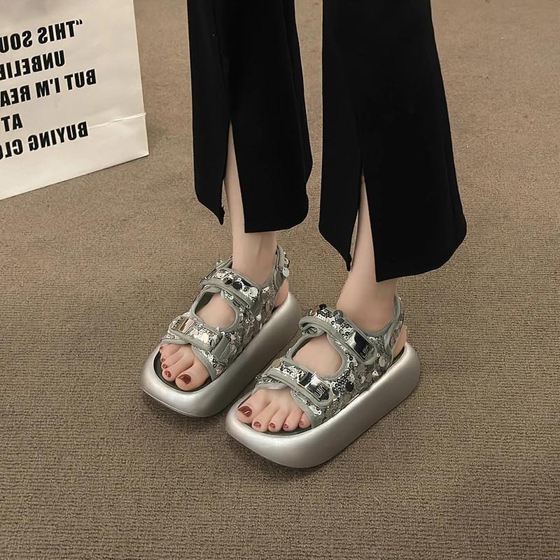Summer Women's Sequin Sandals Convenient Velcro Muffin Thick Bottom Open Toe One Buckle Strap Sport Sandals Casual Beach Shoes
