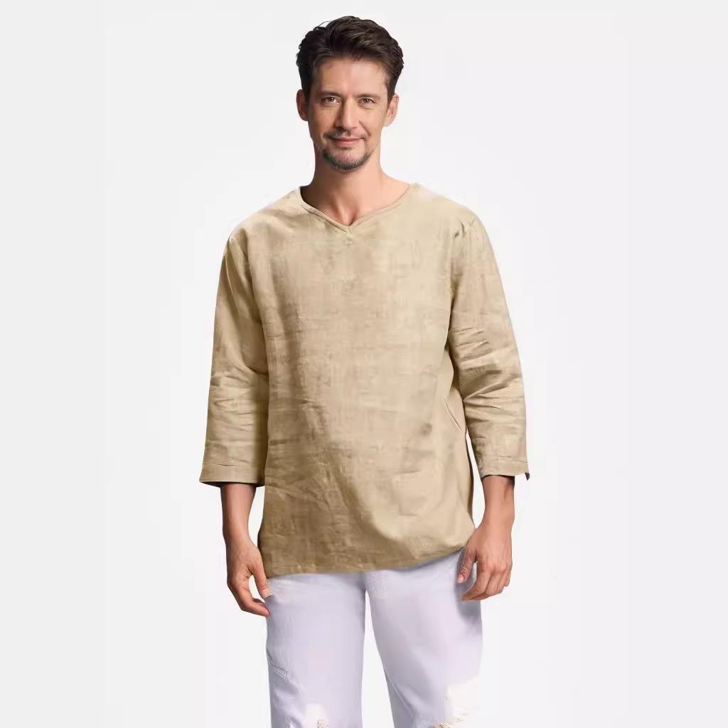 Men's V-Neck Long-Sleeve Cotton Linen Shirt - Anti-Theft Policy Applied