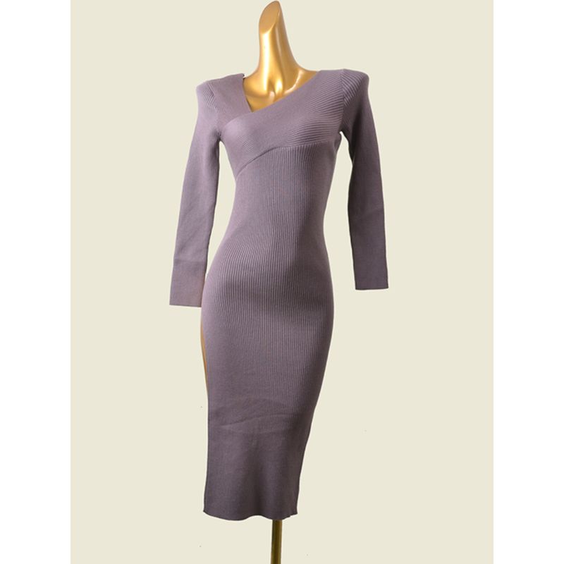 Foreign Trade Women's Clothing Fashion Wind Sexy V-neck Knitting Dress Silm Slim Looking Mid Length Long Length Sheath High Slit Base