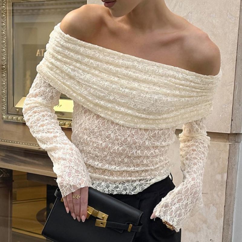 Women S Off Shoulder Lace Long Sleeve Slim Fit Blouse S