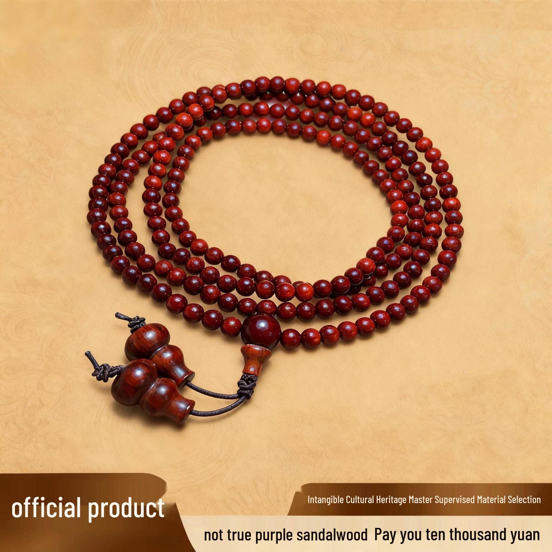

Authentic Red Sandalwood Hand String Bracelet with Patina Golden Stars, Weathered Finish, 108 Beads