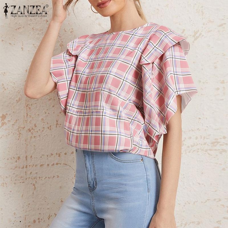 ZANZEA Women Summer Ruffles Sleeve Loose Casual Plaid Print Blouse