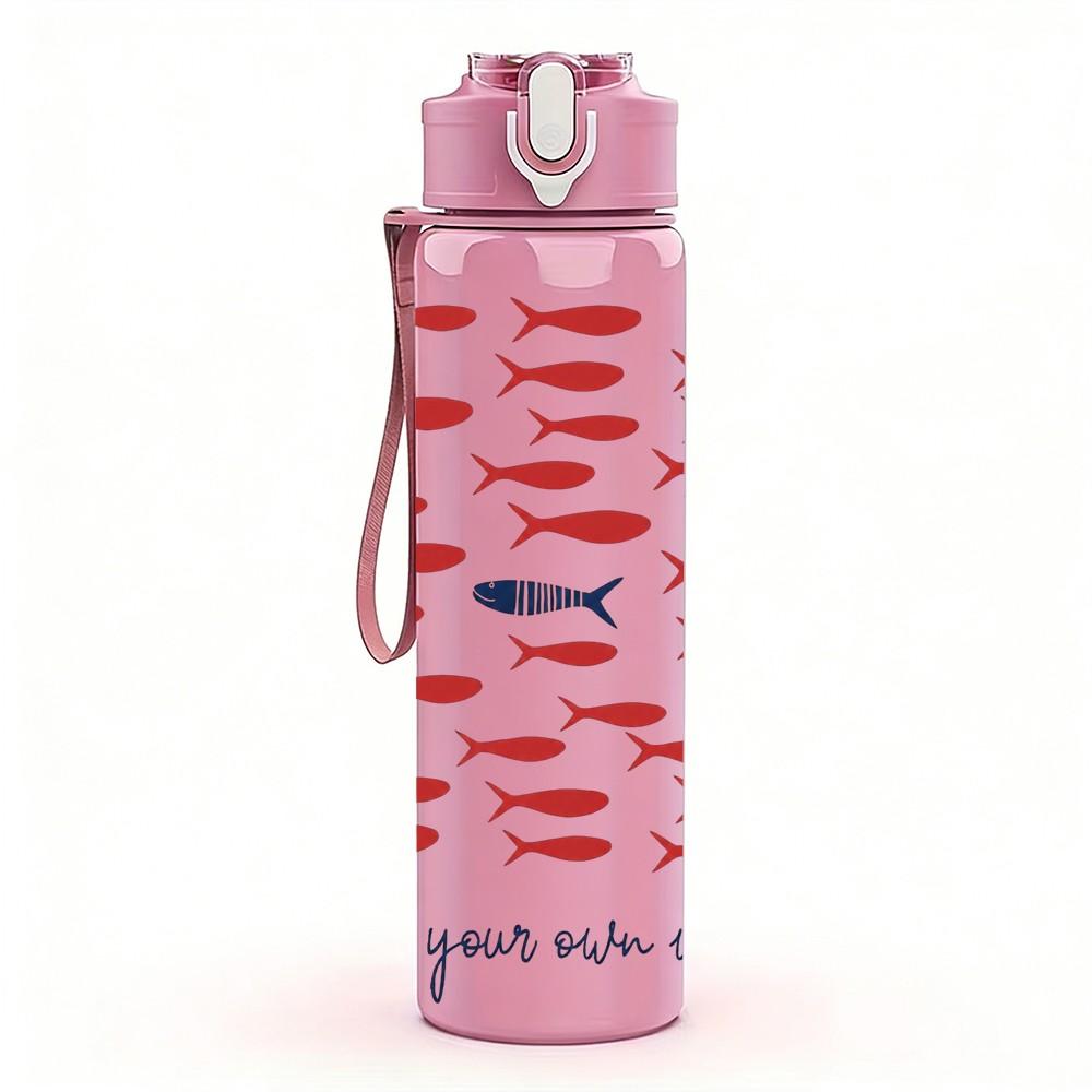 1PC Red Fish School Pattern Print 750ml Color Plastic Sports Water Bottle Leakproof Flip Straw Lid Suitable for Sports Office Home Use