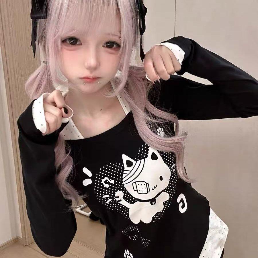 TrendHub Y2k Subculture Slash Neck Off Shoulder T-shirts Women Design Casual long Sleeve Loose Tees Female High Street Summer Outfits Top