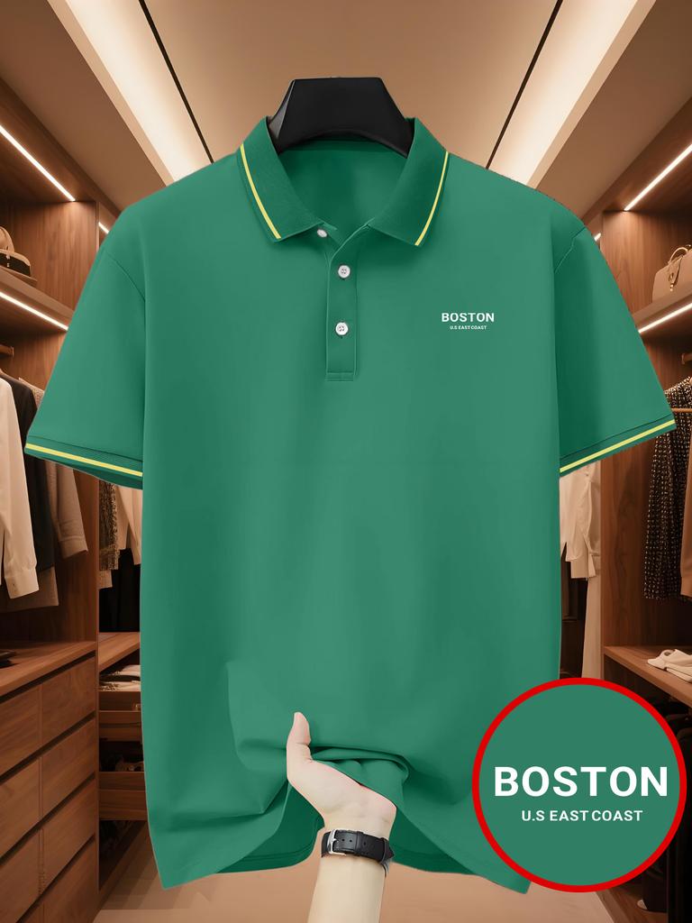 Men's Outdoor Golf Polo Shirt with BOSTON Pattern Print, Casual T-Shirt with Short-Sleeve & Collared for Business Casual Daily Wear Summer Fashion