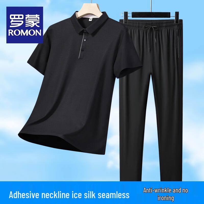 ROMON Men s Summer Ice Silk Polo T-shirt & Straight Pants Set M