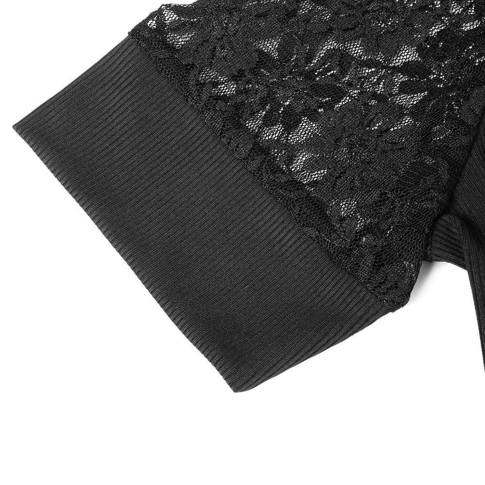 Dámské sexy tričko s hlubokým V-krajkovým límcem a krajkovým krátkým rukávem, slim fit top