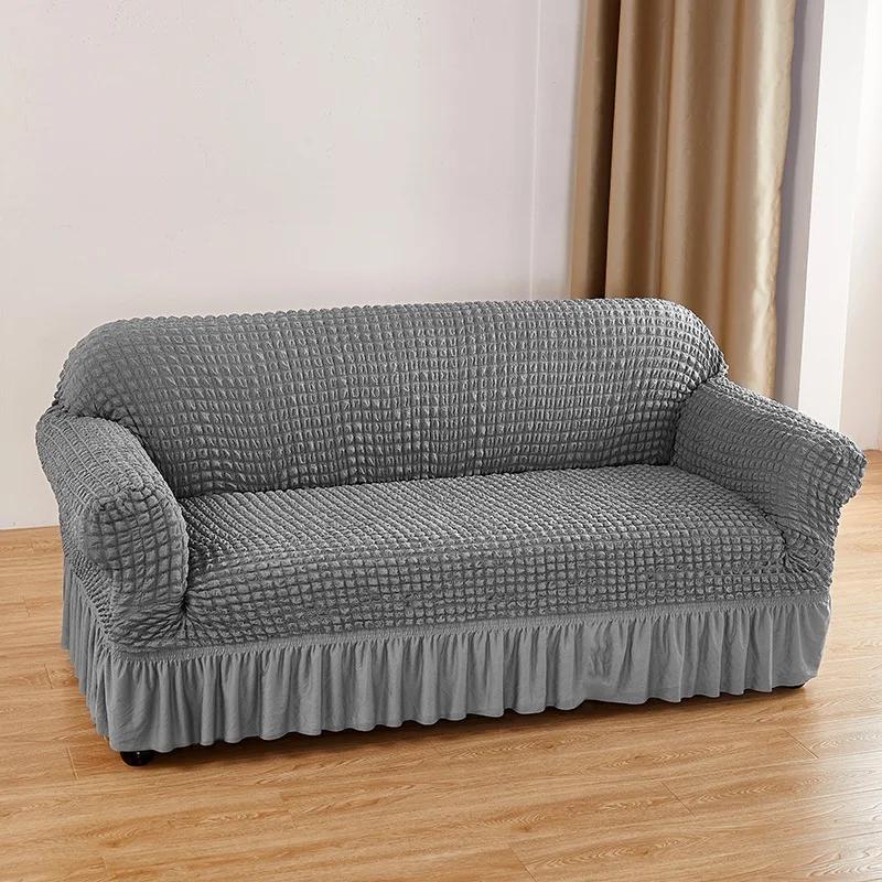 Bubble Gauze Sofa Cover with Skirt Hem All Inclusive Elastic Dust Cover for Living Room Anti Slip Furniture Protection Slipcover