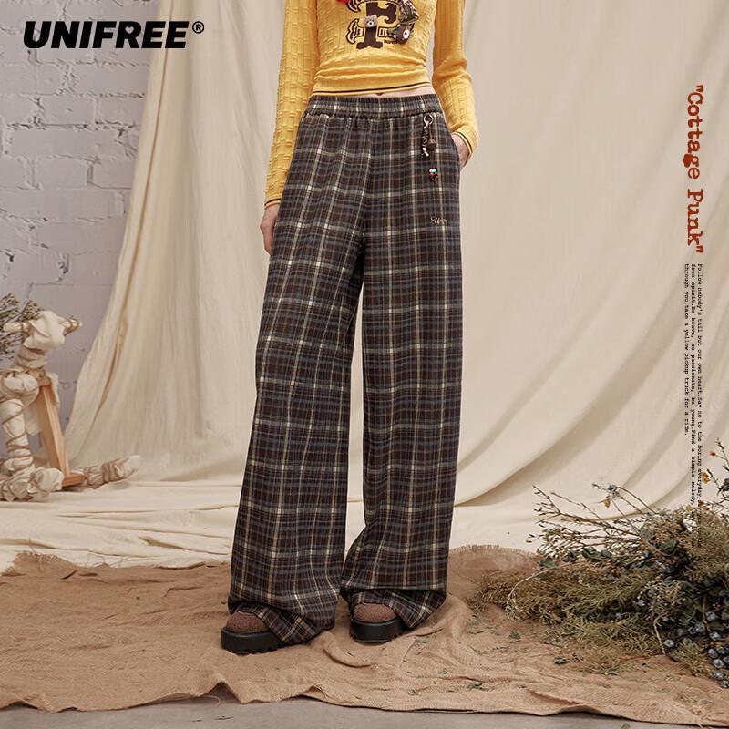 

UNIFREE Retro Plaid Loose Straight-Leg Drape Pants L