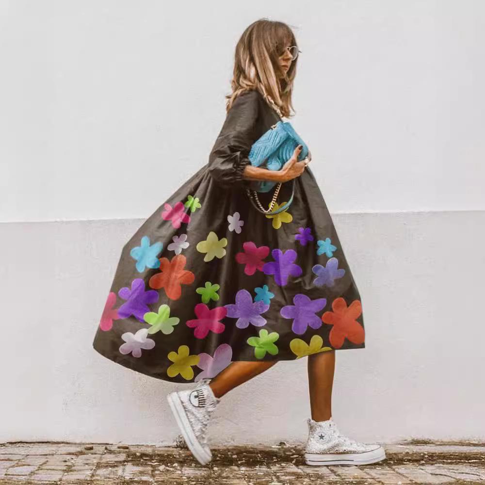 2025 Sommer Damen Rundhals Dreiviertelärmel Grau Leopardenmuster Loses Strandkleid