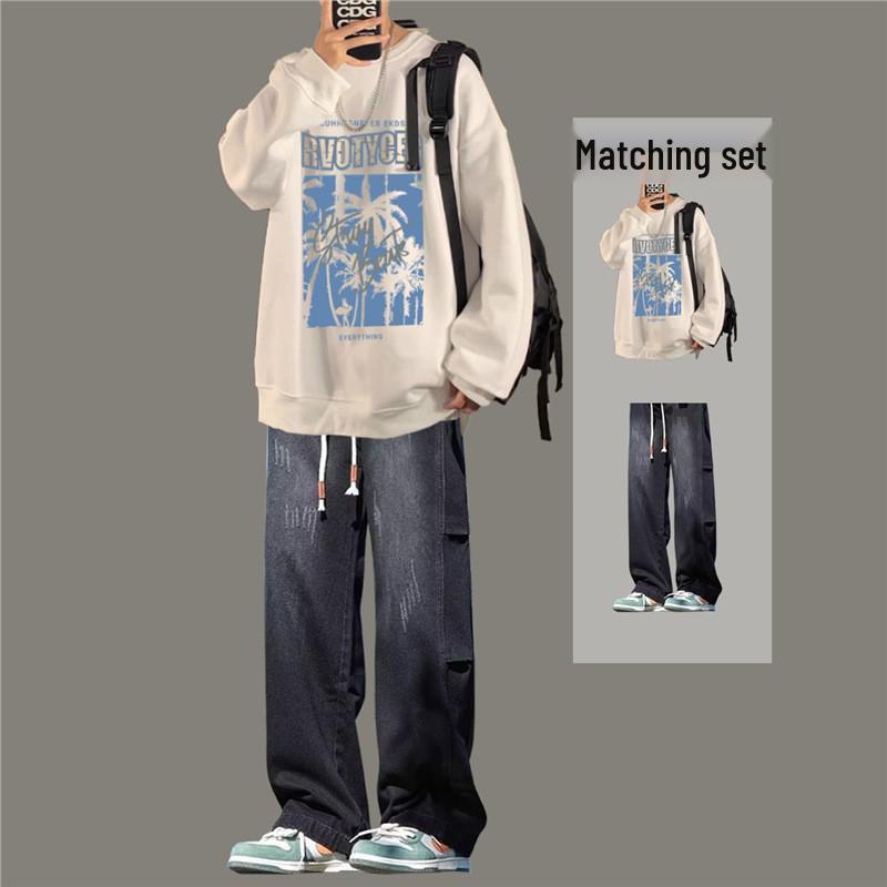 Boys' Trendy Loose Round Neck Sweatshirt & Jeans Set - Cool Casual Two-Piece Outfit for Spring & Autumn