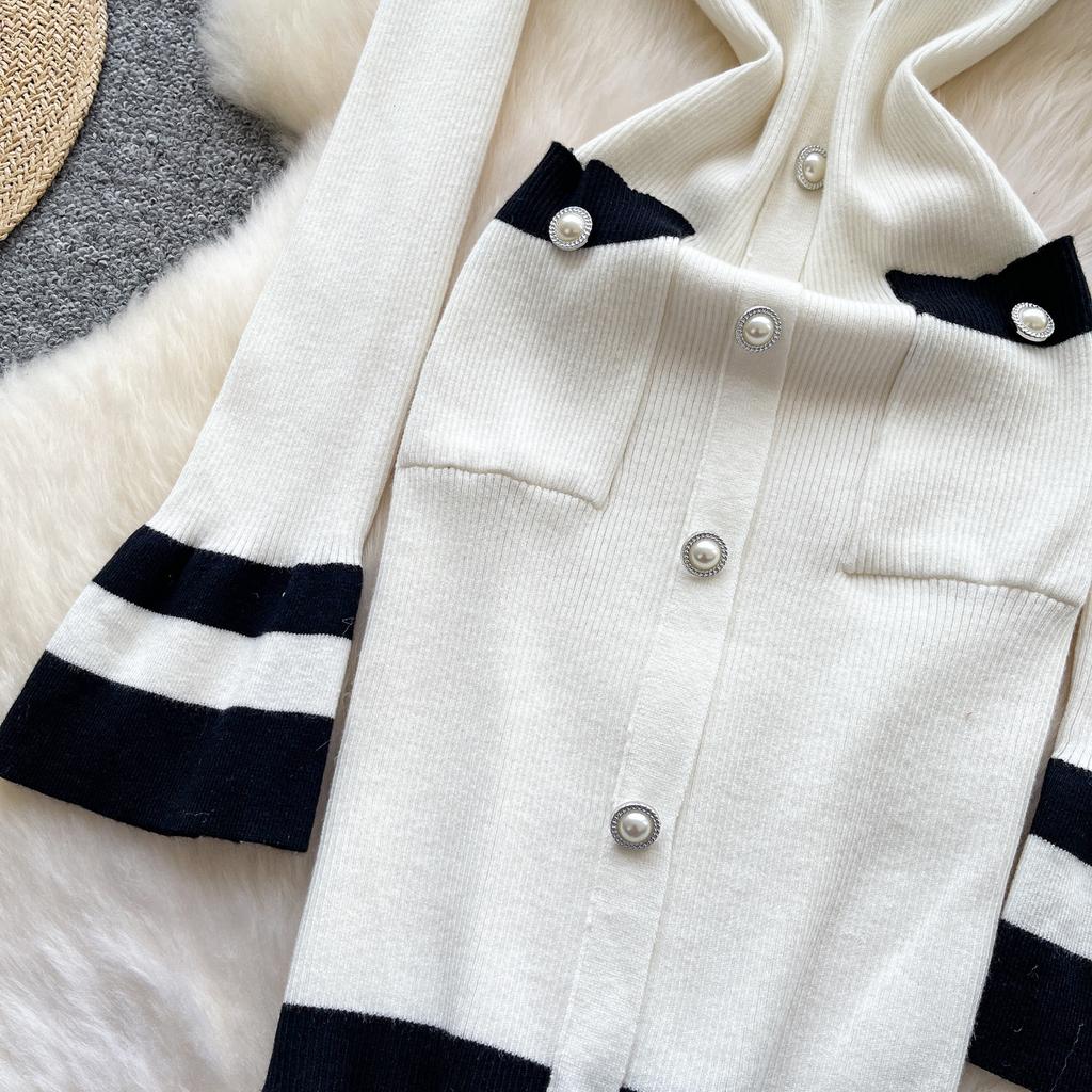 Kobiety Sukienka Bodycon z Odkrytymi Ramionami Jesień Długi Rękaw Metalowy Guzik Odzież Robocza Damska Dzianinowa Sukienka Mini w Bloki Kolorów Sexy