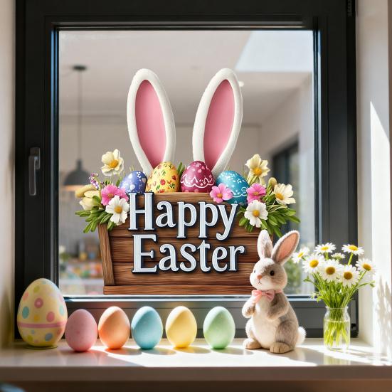 Yousheng Easter Window Clings Cute Bunny Egg Window Stickers for Glass Windows Double Sided Reusable PVC Decals for Spring Party Home Classroom