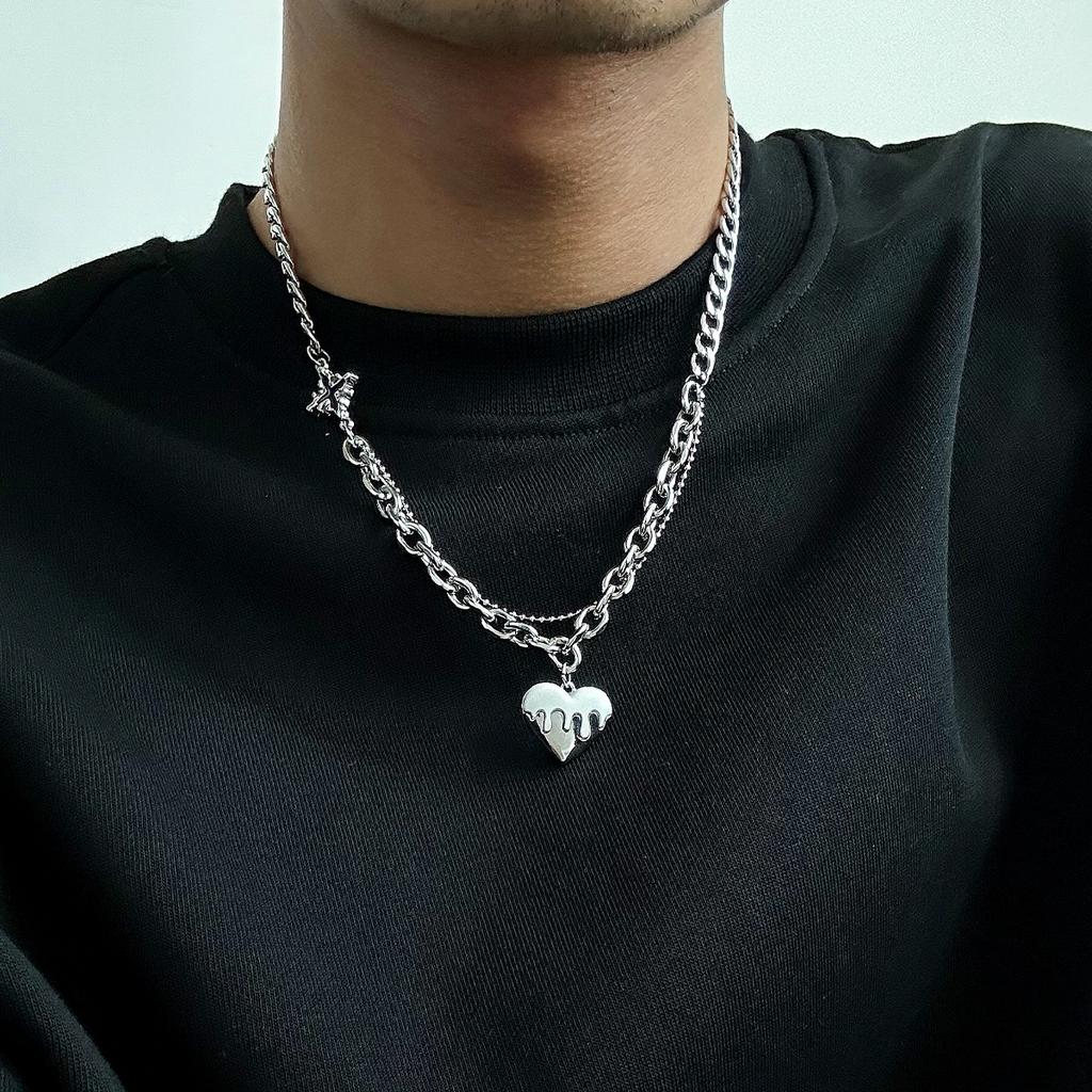 IngeSight.Z New Love Heart Pendant Necklace for Men Trendy Stainless Steel Cross Choker Necklace Male Punk Hip Hop Neck Jewelry