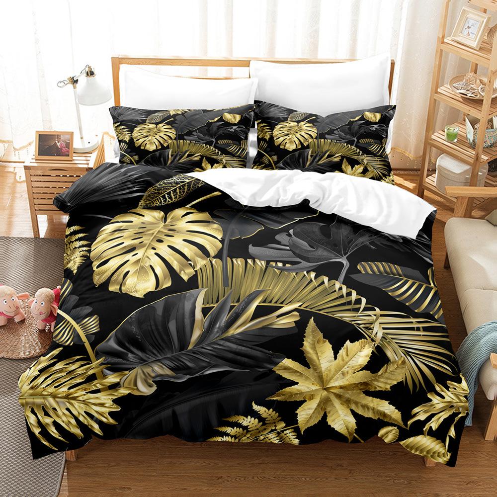 3D Digital Printing Quilt Cover Tropical Plant Green Leaf Flower Three-Piece Set Abrasive Bedding