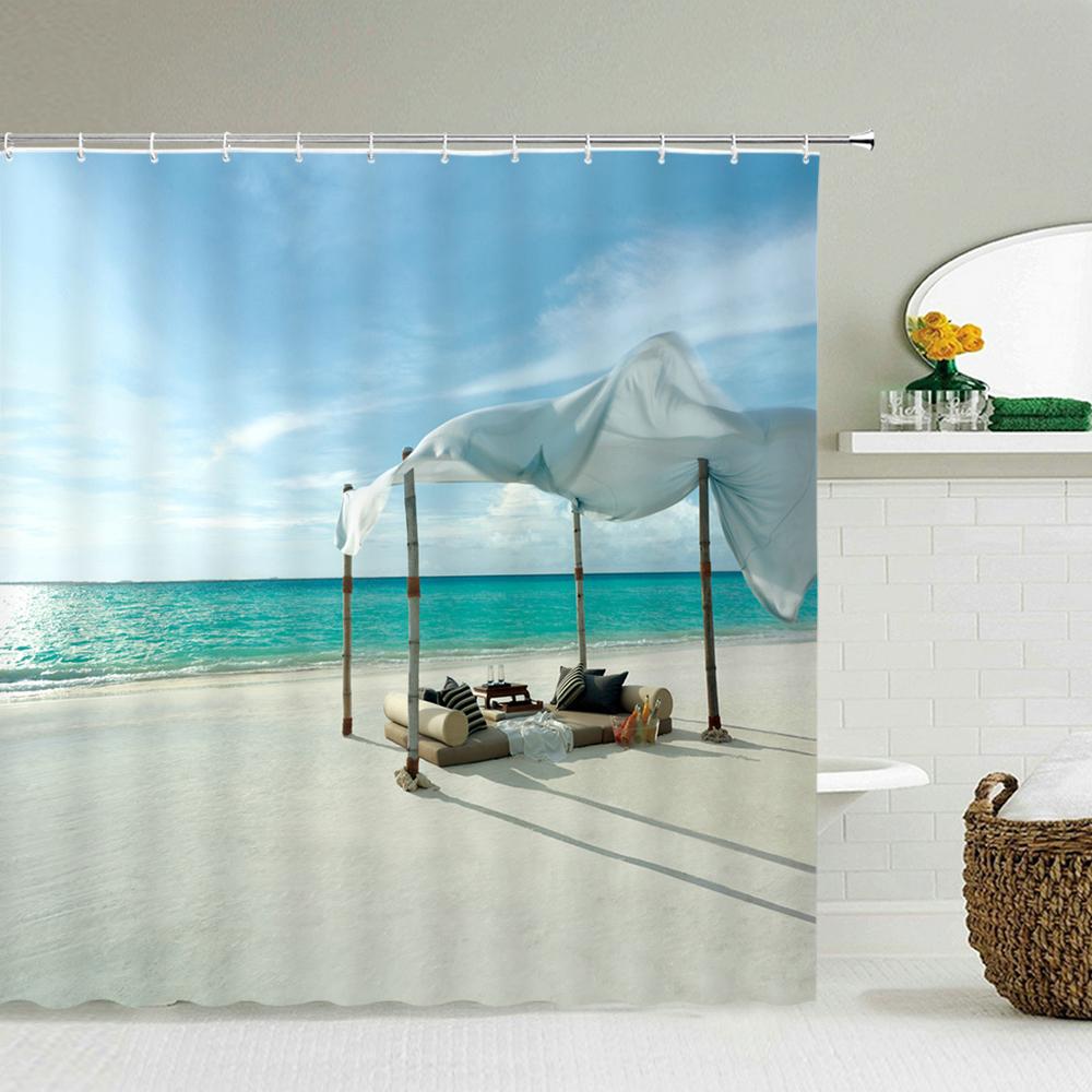 3d Beach Scenery Shower Curtains Sea Ocean Mediterranean Bathroom Curtain Waterproof Cloth Decoration 180*240cm Bath Curtain