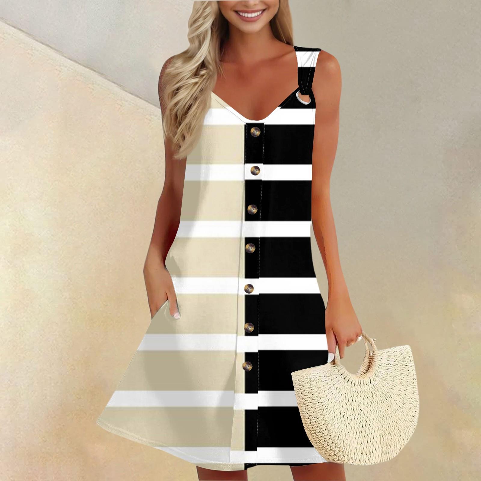 

Жіноча літня сукня з кишенями без рукавів Весняний сарафан у смужку з принтом L бежевий