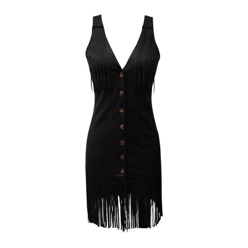 Deep V-strap Sexy Tassel Dress Fashion Summer Sleeveless Party Slim Fit Short Dress Streetwear Elegant Buttons Solid Color Casual Clothing