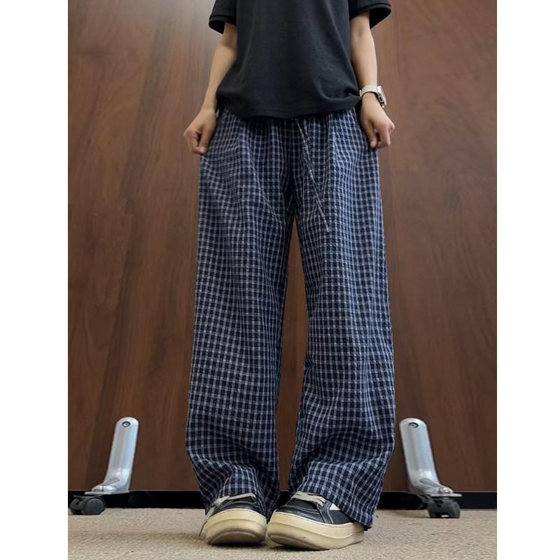 Summer new seersucker plaid casual pants thin breathable refreshing drape floor pants loose wide-leg long pants