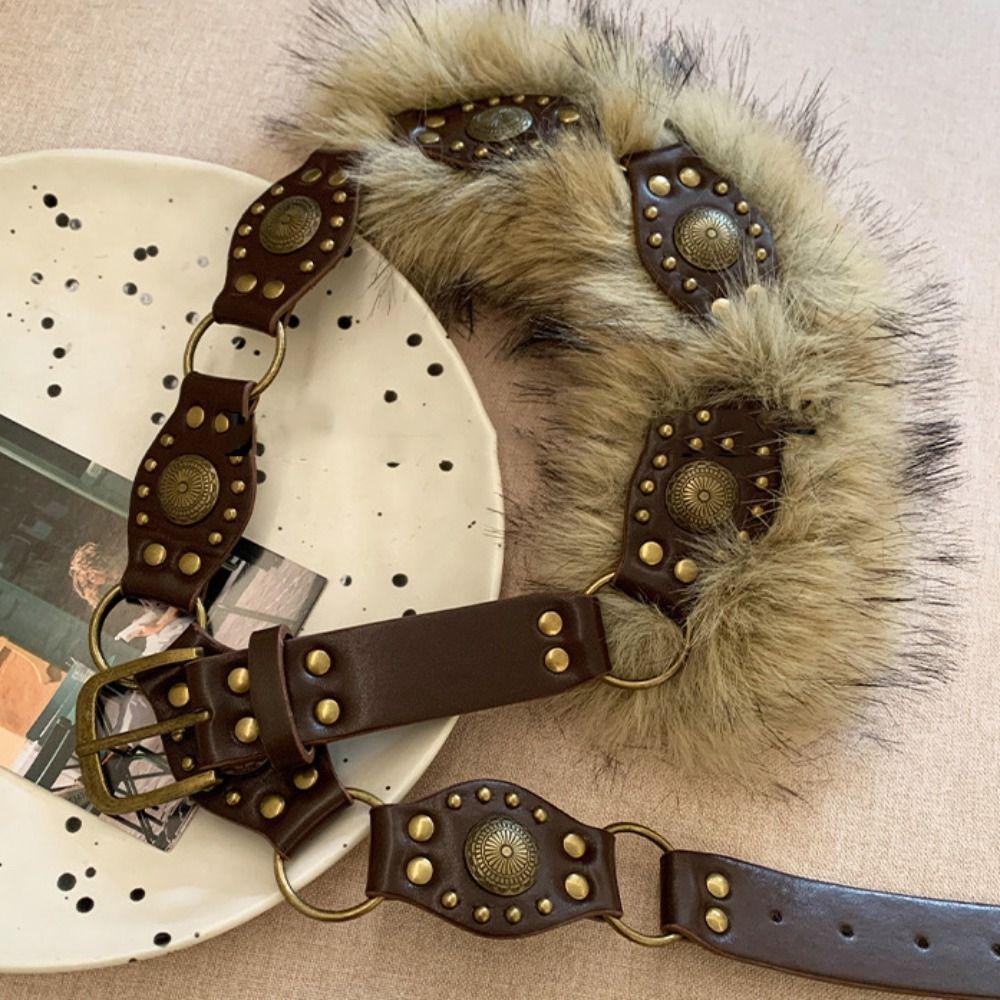 Faux Fur Leather Fur Belt Spicy Girl Style Plush Belt Vintage Y2K Waistband  Female/Girls