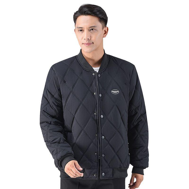Men's Black Diamond Quilted Baseball Collar Button Up Light Padded Bomber Jacket