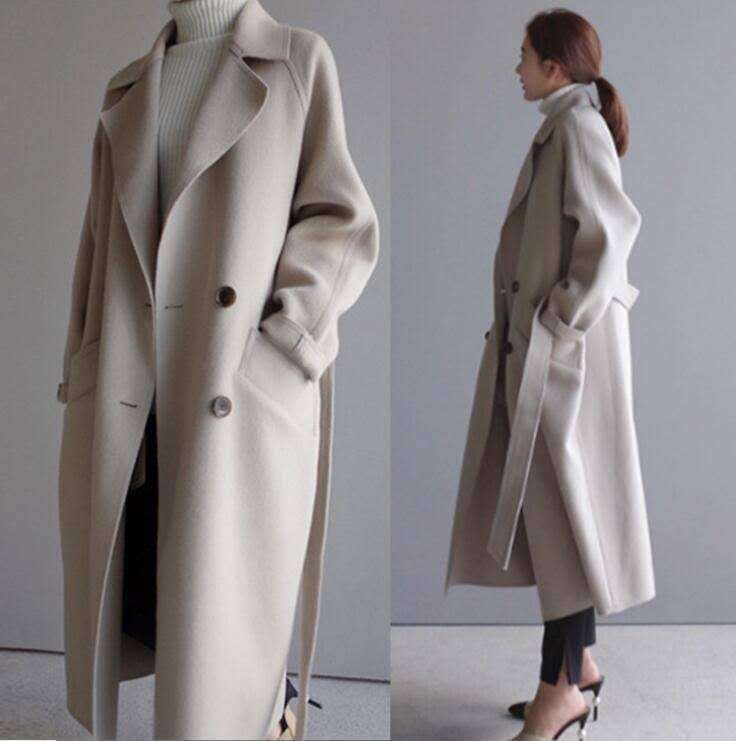 Beige Woolen Jacket Women Autumn Winter Casual Lapel Long Coats Female Elegant Vintage Korean Loose Oversized Overcoat