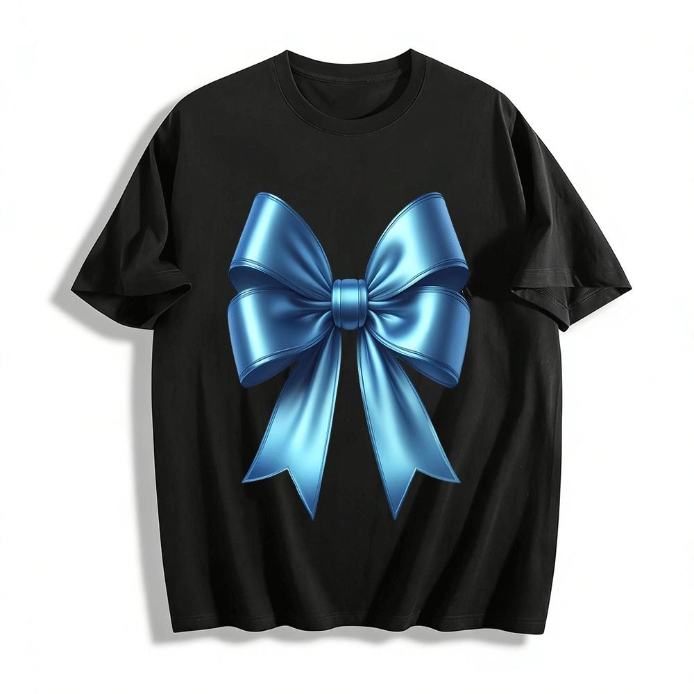 Shiny Blue Satin Bow Print Casual Versatile Top Pure cotton T-shirt XXS