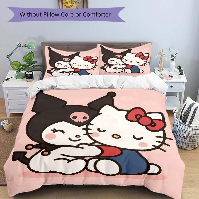 3pcs Spooky Halloween Hug Kuromi & Hello Kitty Quilt Cover Set - Soft and Cozy Bedroom, Guest Room and Dorm Decorative Bedding 3-Piece Set 1 Quil