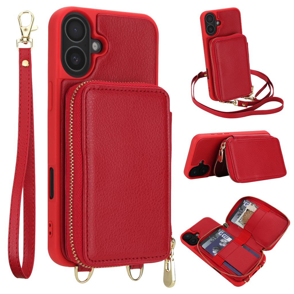 For iPhone 16 Plus Case RFID Blocking Zipper Wallet Leather + TPU Phone Cover with Shoulder Strap