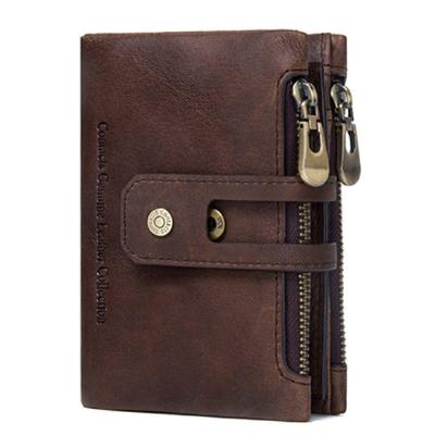 Men's Genuine Leather Wallet RFID Blocking Wallet for Men 14 Card Slots, 1 ID Window 2 Zipper Compartments, Button Closure (Brown)