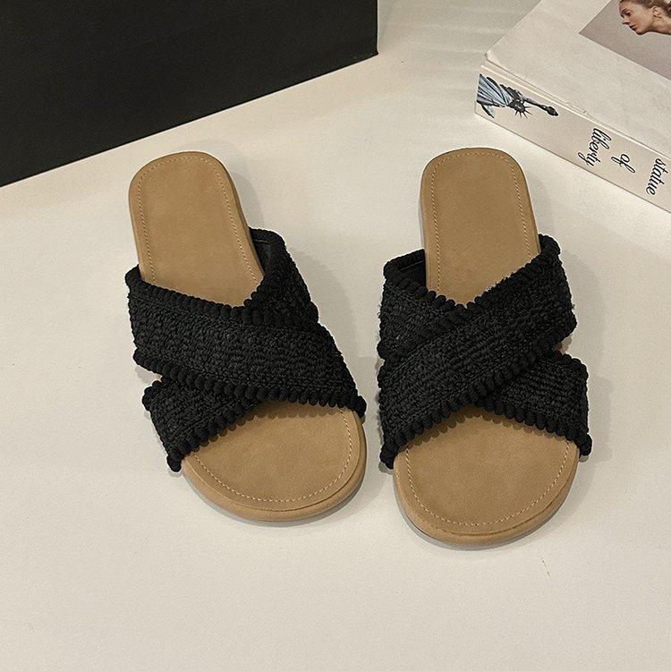 Roman woven cross slippers 2025 summer gentle fairy bohemian vacation beach slope heel cool slippers
