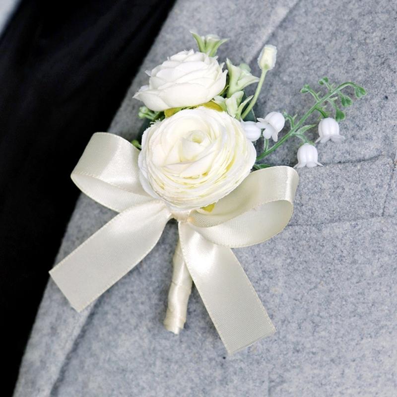 Wedding Flower Wrist Corsages Boutonniere for Bride Groom Natural Looking Artificial Rose Flower for Special Occasion
