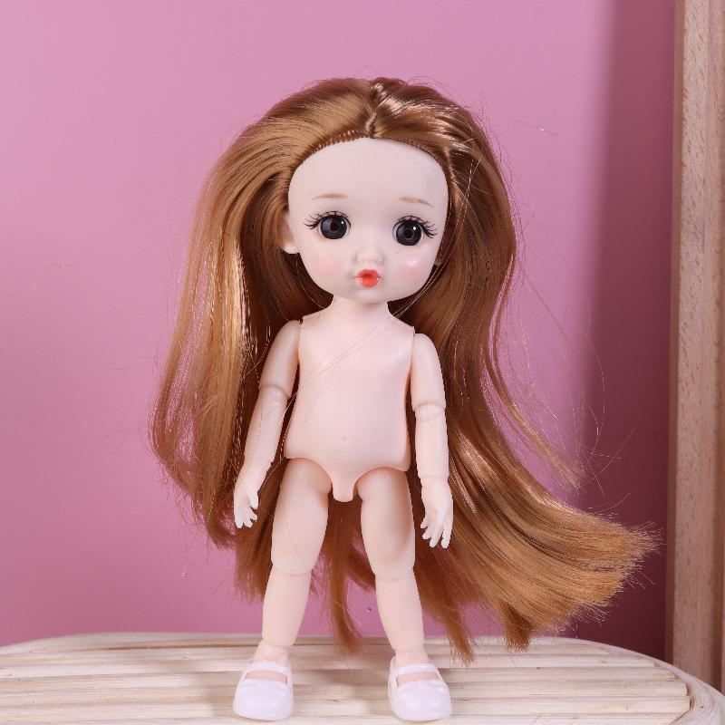 1 Set Nude Doll 3D Simulation Eyes 13 Joint Black Long Hair 1/8 17Cm Doll Plastic Doll Head Toys With Gold Brown Hair Kids Gift