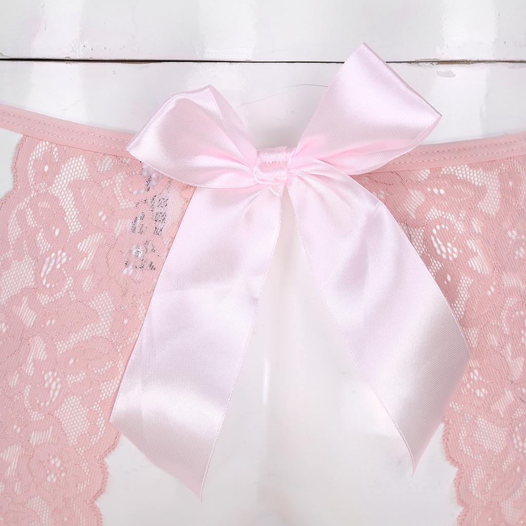 Pánské průsvitné krajkové G-string spodní prádlo se strappy T-back střihem bez rozkroku a mašličkou, dárek na líbánky