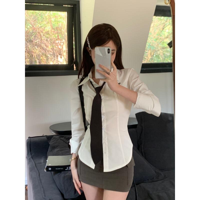 Dámské halenky bílé Y2k s dlouhým rukávem, vyšívané košile s vázáním, korejská móda, slim, lolita, harajuku, JK topy