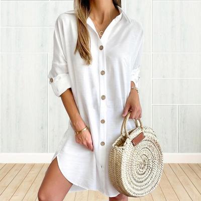 Hemdkleid mit langen Ärmeln, Umlegekragen, einreihig, locker, einfarbig, unregelmäßiger Saum, Dall, Frühling, Büro, Alltag, Minikleid