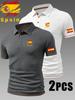 2pcs Spain Pattern Men's Outdoor Golf Casual Polo Shirt with Short Sleeves & Color Block, Men's Work Shirts for Business Casual for Spring and Summer