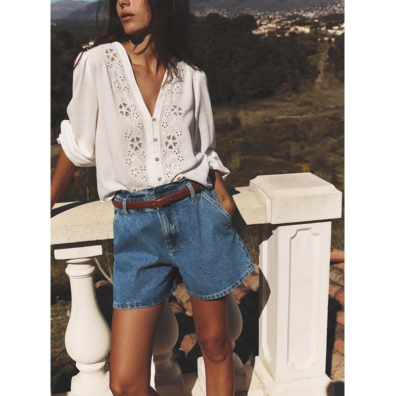 Summer New Arrival Women's Clothing Contrast Color Belt Slim Looking High Waist Paper Bag Denim Casual Shorts 8228028