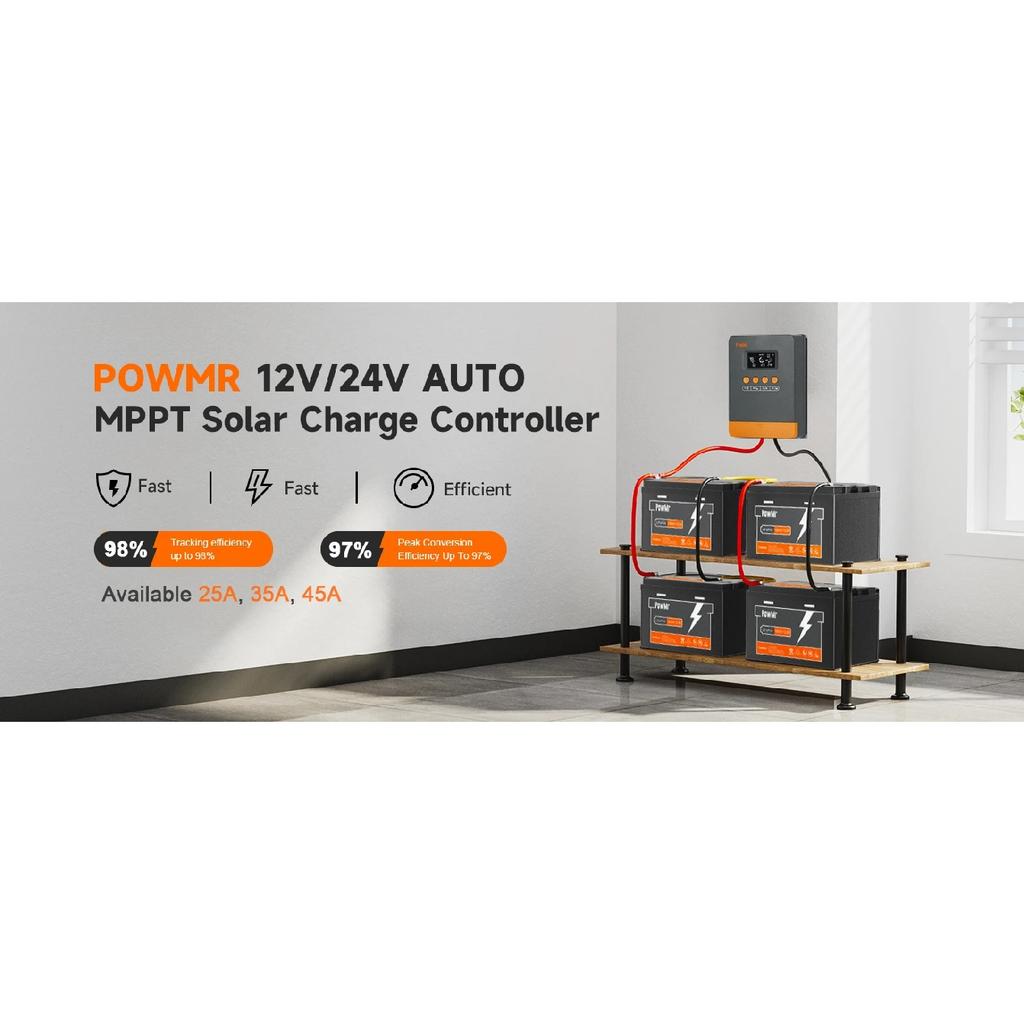 PowMr 45A 35A 25A MPPT Solar Charger Controller 12V 24V Auto Fit Lead-Acid Lithium Battery for Solar Camp RV Boat Home US Stock