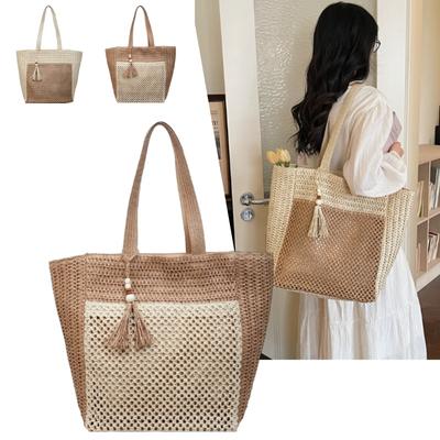 Straw Tote Bag Large Capacity French Style Woven Polyester Summer Beach Commute Travel Handbag Women Durable Shoulder Shopper