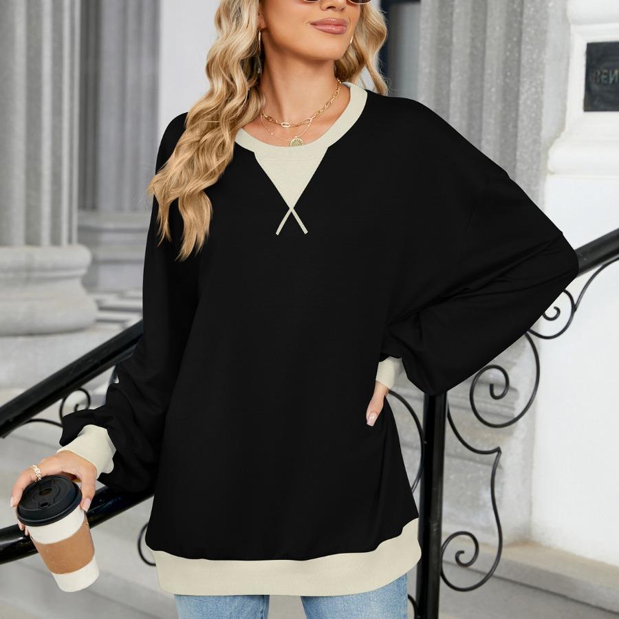Jesień Zima Swetry i Bluzki z Długim Rękawem Damskie Kontrastowy Kolor Okrągły Dekolt Luźna Bluza Plus Size