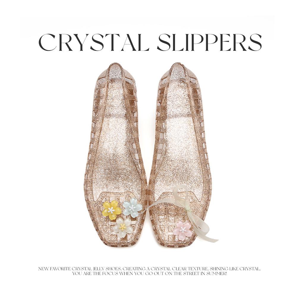 

Fashion Korean Style Fashion Sandals Women Summer Flat Jelly Shoes Soft PVC DIY Flower Ribbon Cut-out FemaleDaily Beach Street Flats 35 золотой