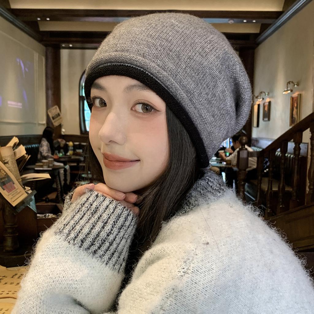Double rolled Edge Drawstring Pile Hat Women's Warm Headscarf  Cold Hat  Big Head Circumference  Making The Face Look Smaller  Versatile Knitted Hat