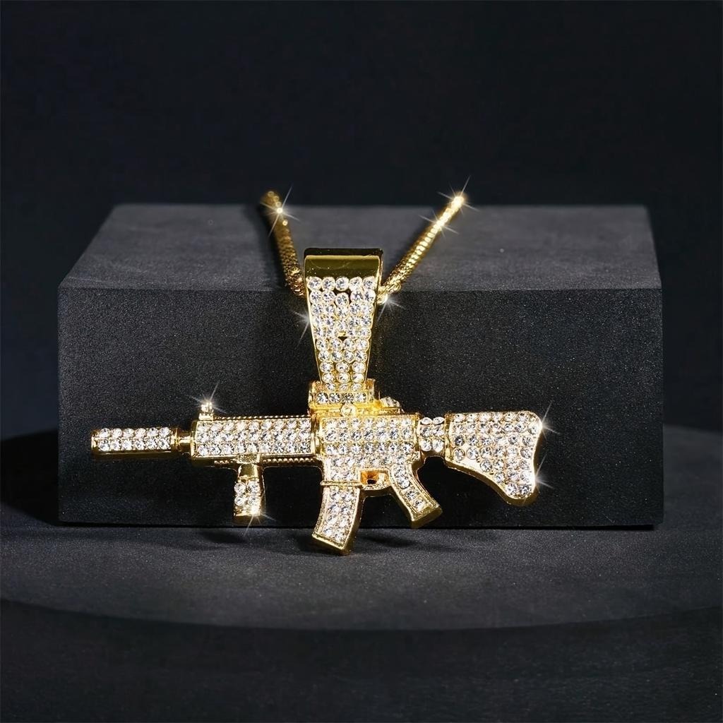 Módní HipHop Ak47 Samopal Přívěsek Náhrdelník Pro Muže Křišťálový Kubánský Řetízek Iced Out Bling Náhrdelník Punk Rock Bikerská Šperkařství