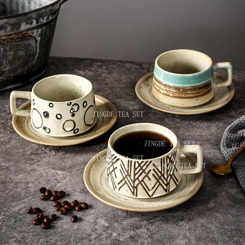 250ml Coarse Pottery Coffee Cup Chinese Latte Cup Plate Set Household Dandelion Shaped Tea Cups Large Capacity Mug Drinkware